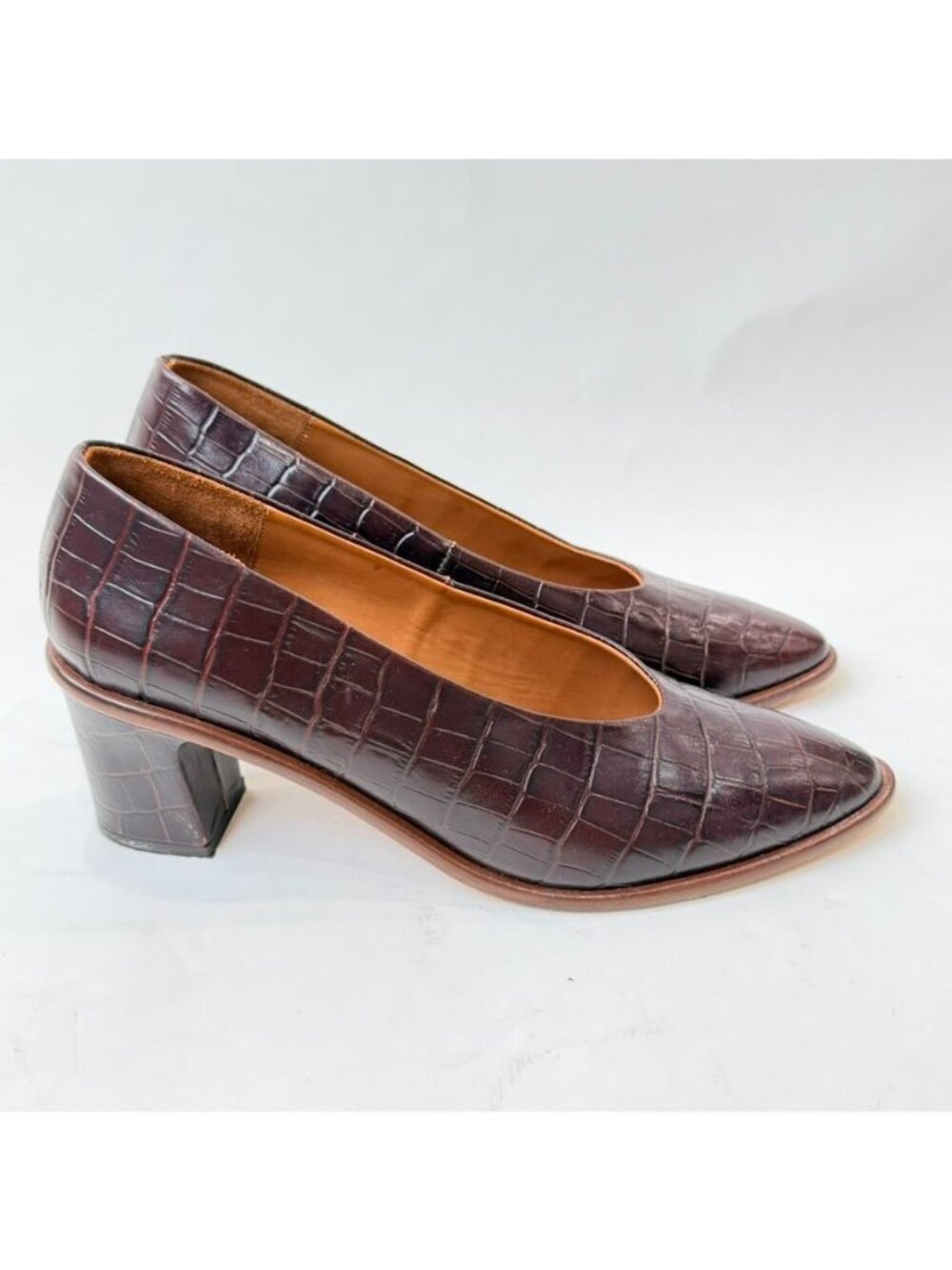 Miista Croc Embossed Leather Block Heel Pumps Brown Women's EU 41